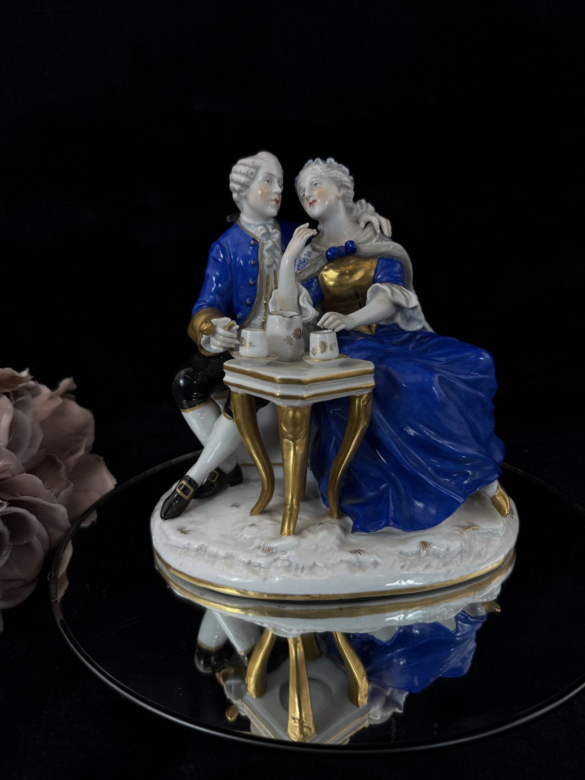 Antique German Porcelain Figurine: Rococo Couple at Tea, by ScheibeAlsbach 18th6