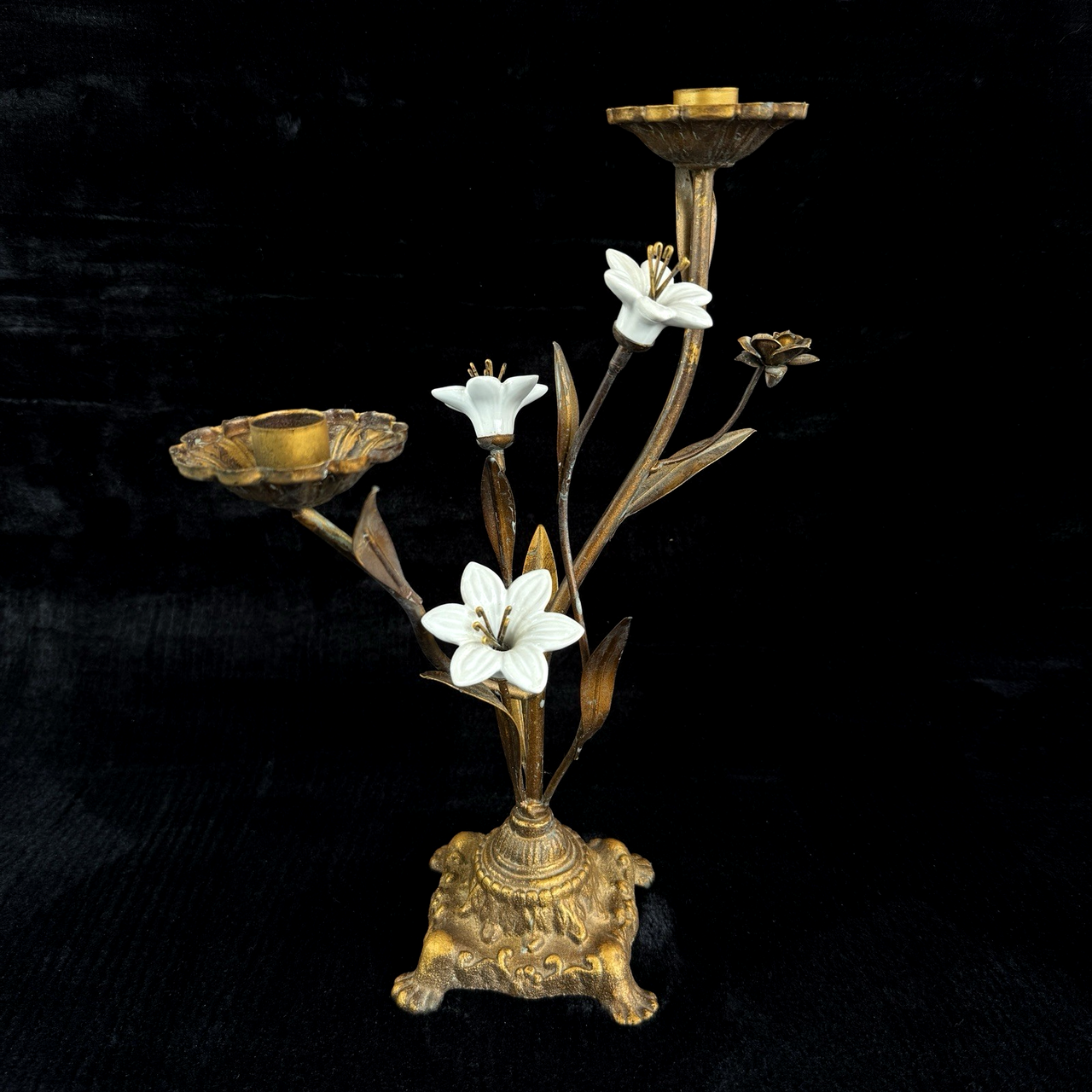 Italian Style Bronzed Brass Floral Candlestick White Ceramic Flowers gift 40cm0