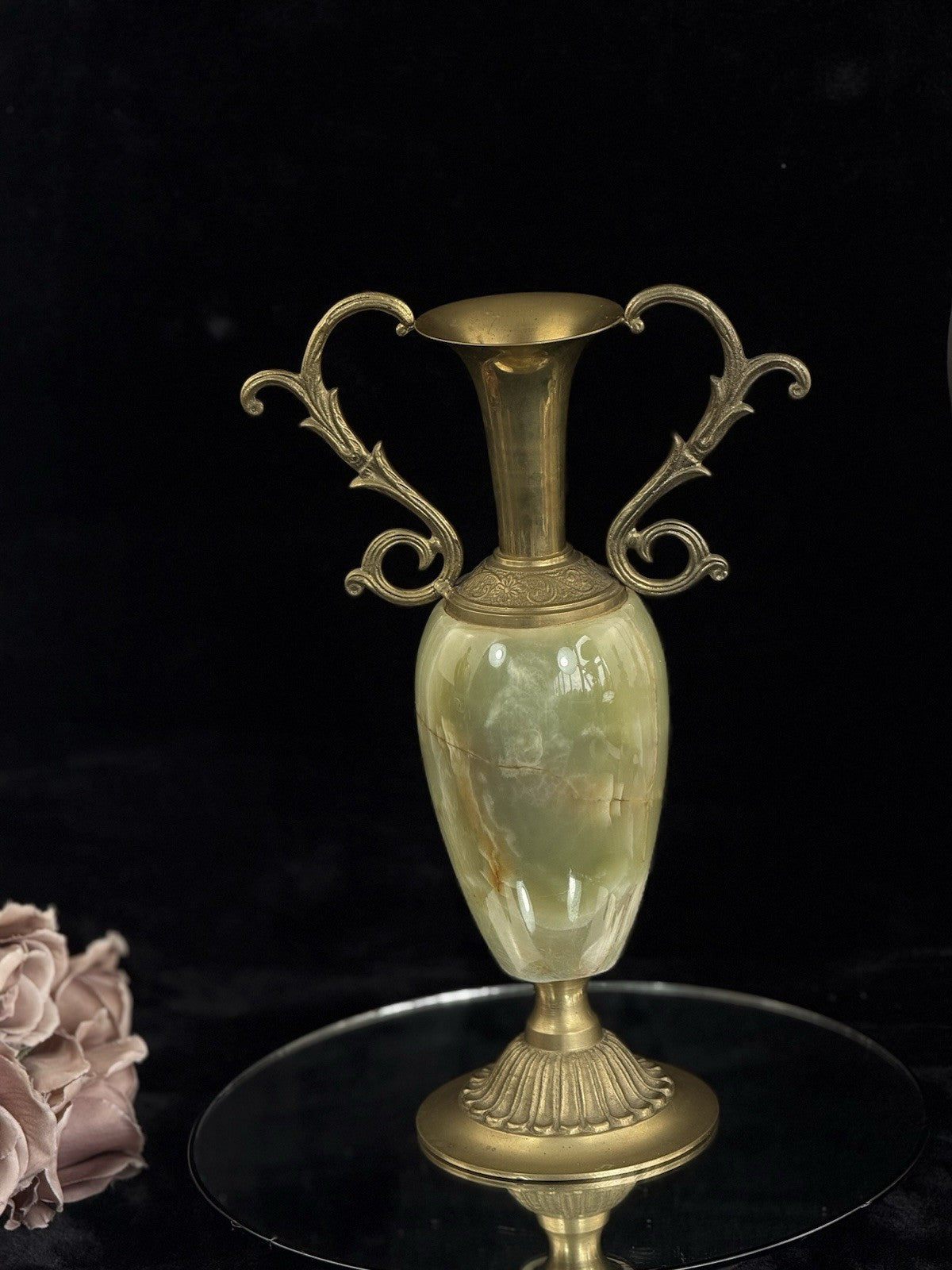 Pair of Brass & Green Onyx Marble Urn Vases Ornate Handles Decorative 35cm17