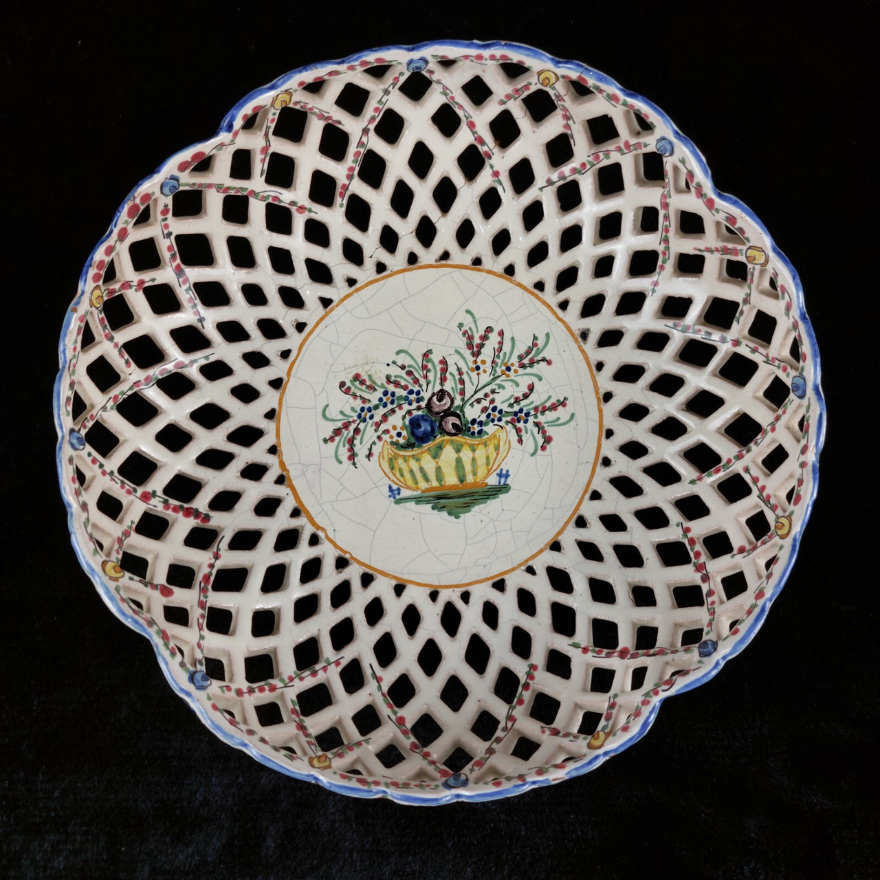 Mid-Century Italian Ceramic Lattice Bowl Hand-Painted Floral Design, gift plate.1