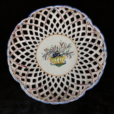 Mid-Century Italian Ceramic Lattice Bowl Hand-Painted Floral Design, gift plate.1