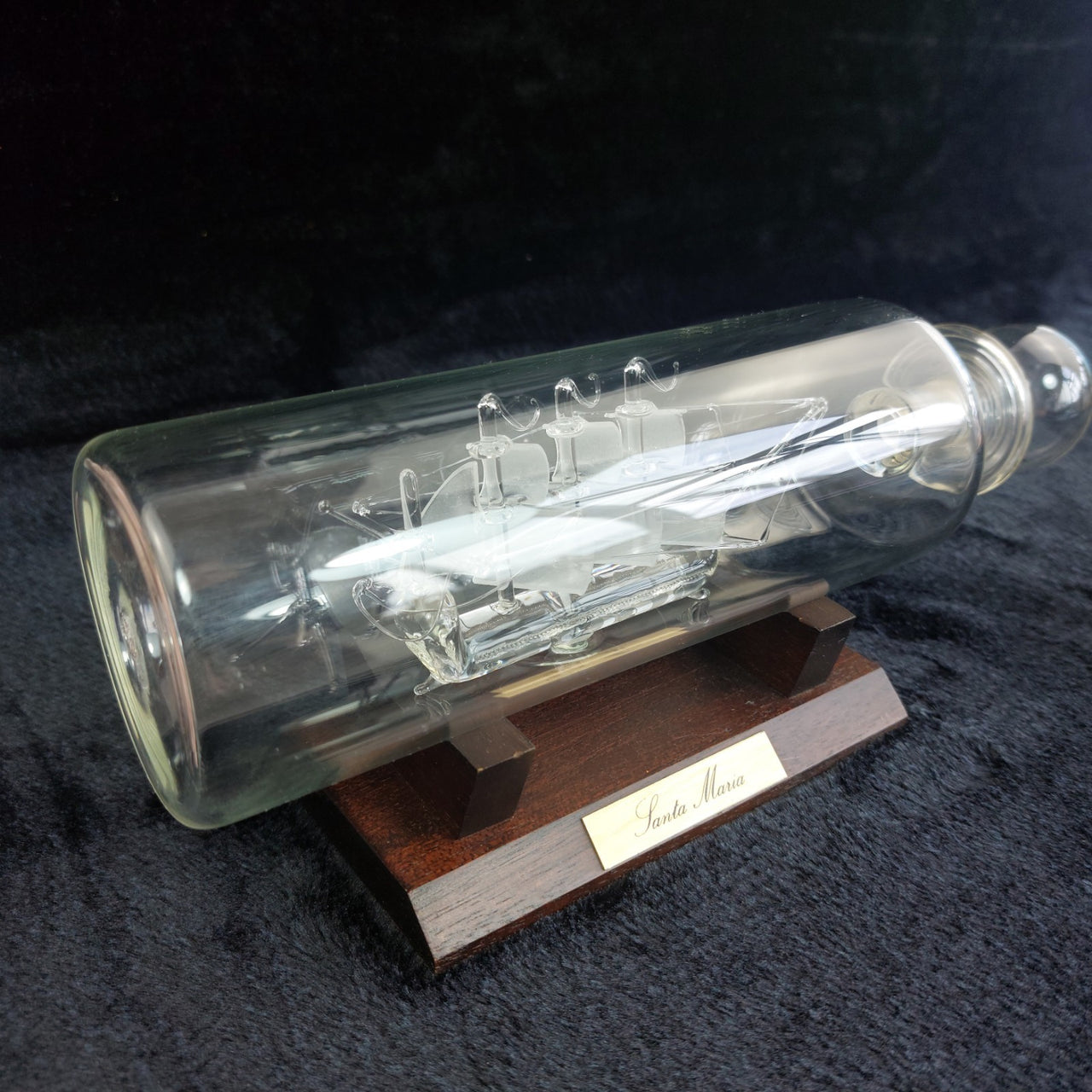 Santa Glass Maria Ship In Bottle On Wooden Stand Frosted Sails Nautical Handmade4