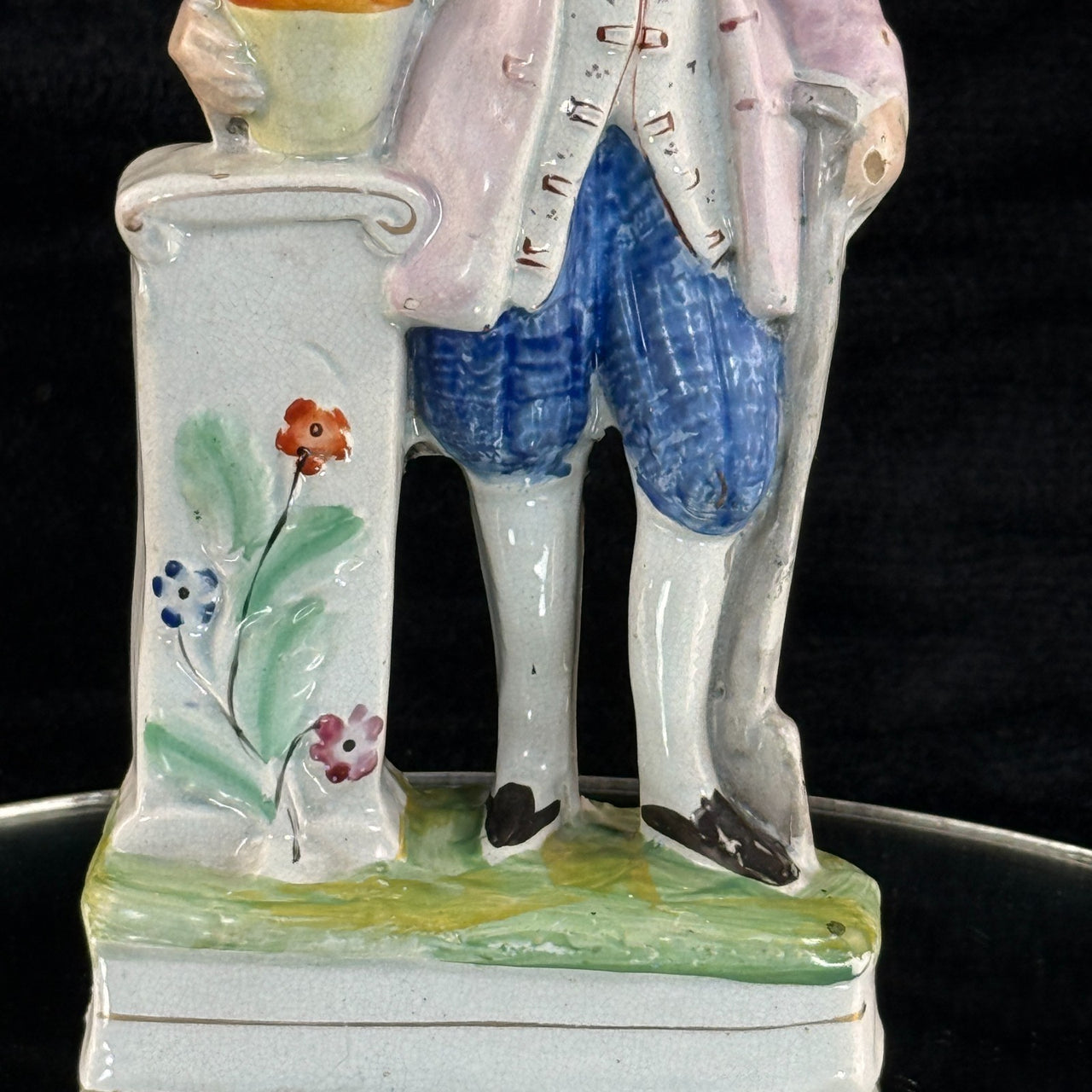 1800s antique Staffordshire Figurine Man Pink Jacket Floral Column repaired7
