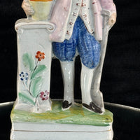Thumbnail for 1800s antique Staffordshire Figurine Man Pink Jacket Floral Column repaired7