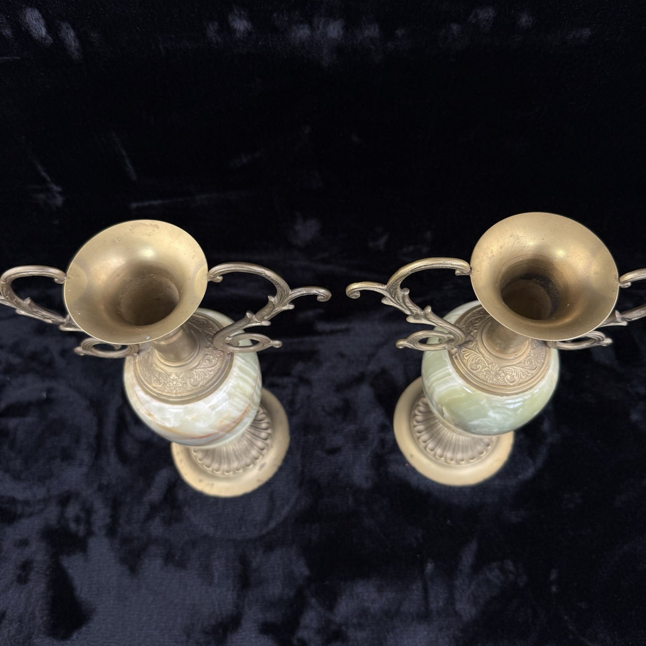 Pair of Brass & Green Onyx Marble Urn Vases Ornate Handles Decorative 35cm9