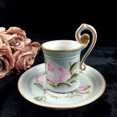 Capodimonte Hand Painted Cup Italy & Plate Set Pink Rose Gold Rim Floral Sallin/0