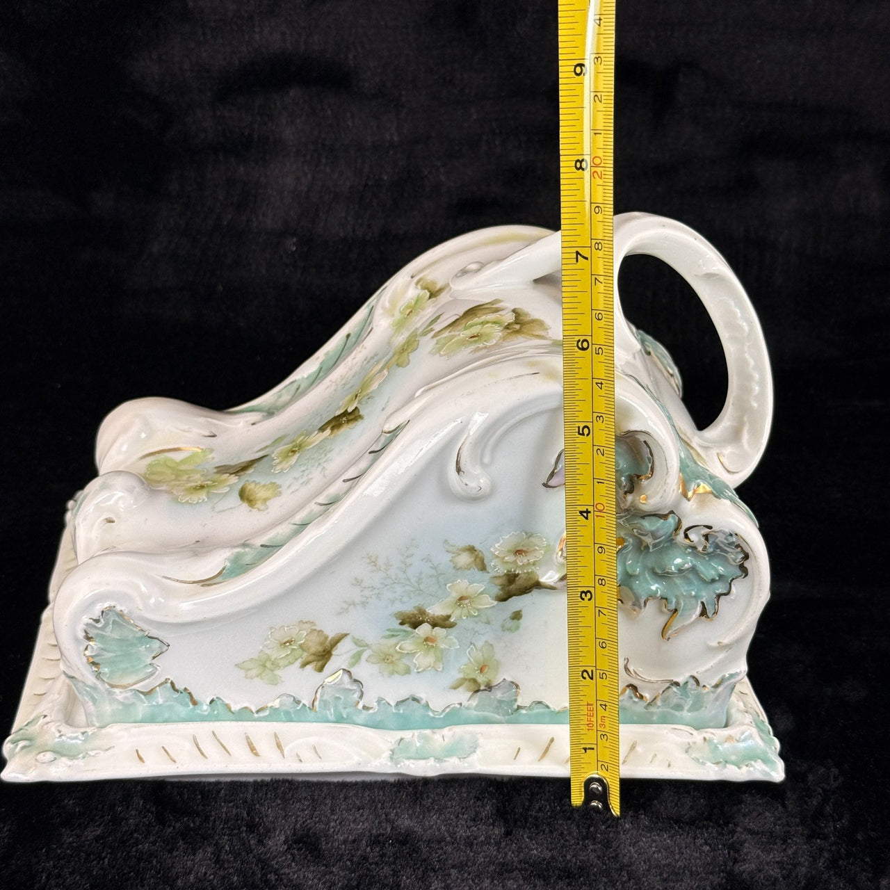 Antique Porcelain butter dish Tureen Art Nouveau Floral Green Gilt Handle 9"x8"20