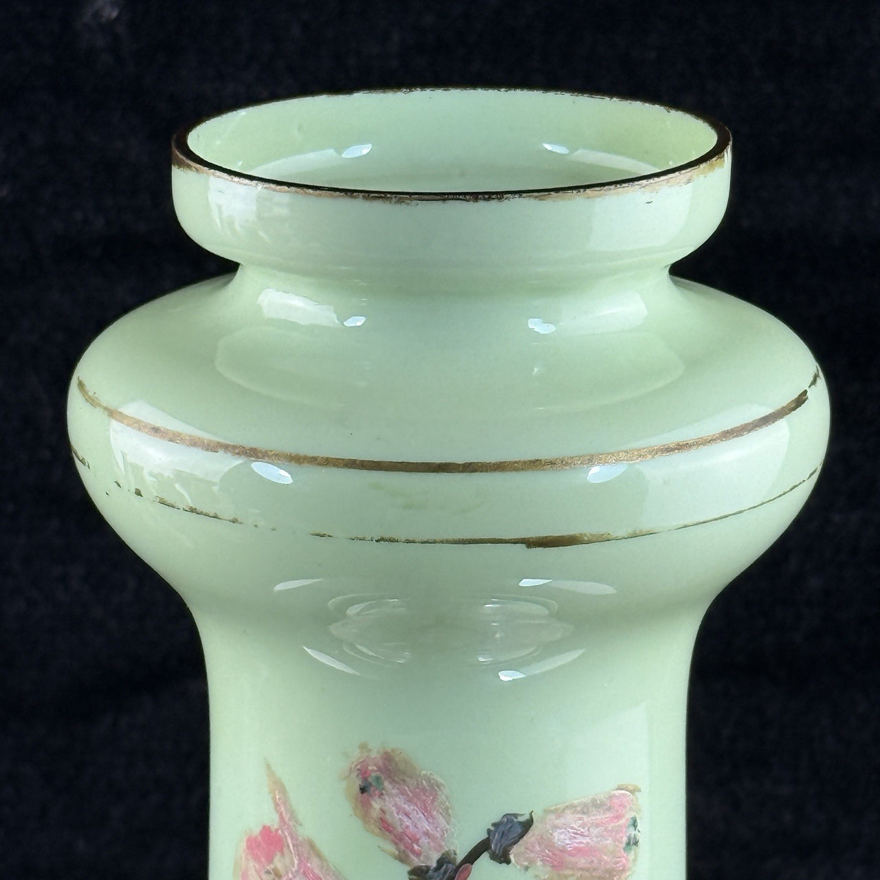Milk Antique Glass Vase Pink Bell Flowers 10.5” Green Enamel Gilt bohem decor8