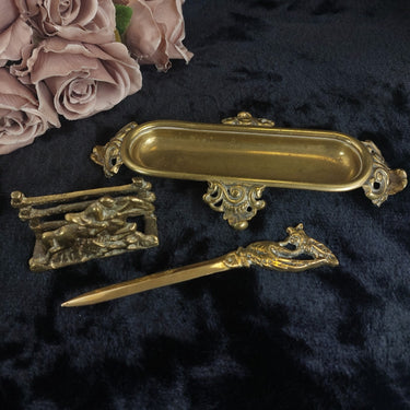 Vintage Brass Desk Set – Letter Holder, Rococo Tray pen holder & Letter Opener1