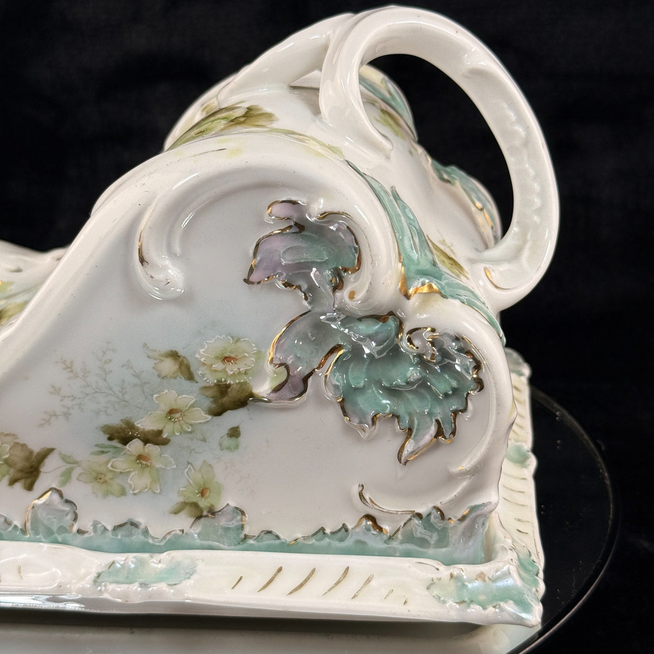 Antique Porcelain butter dish Tureen Art Nouveau Floral Green Gilt Handle 9"x8"3