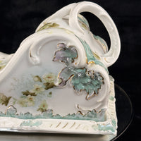 Thumbnail for Antique Porcelain butter dish Tureen Art Nouveau Floral Green Gilt Handle 9