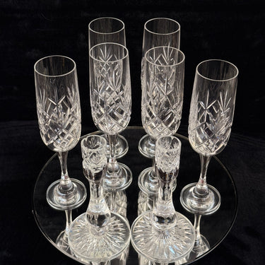 Vintage Cut Crystal Glassware Set – 6 Champagne Flutes & 2 Candlestick Holders0