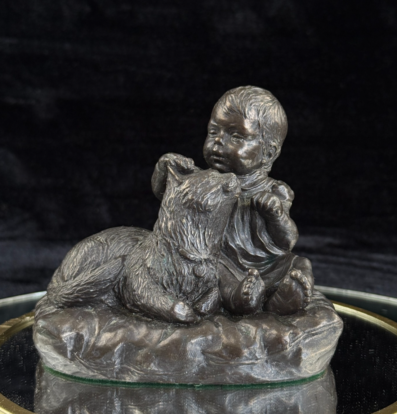 Vintage Bronze signed Baby with Dog Sculpture – 4.5" Wide 4" Tall Figurine gift0