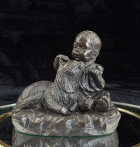 Thumbnail for Vintage Bronze signed Baby with Dog Sculpture – 4.5
