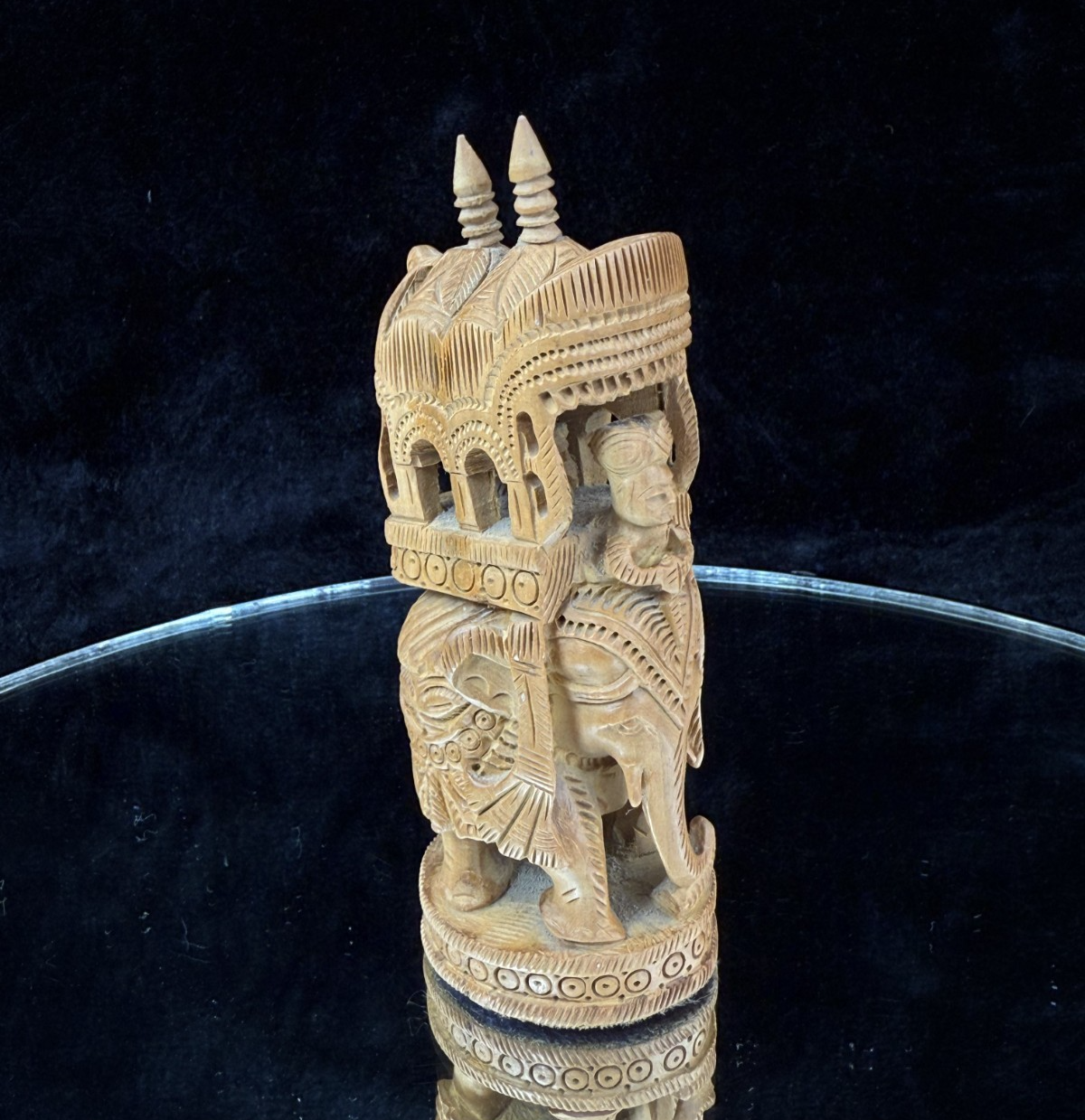 Hand-Carved Wooden Elephant Figurine, with Rider and Howdah, decor Intricate1