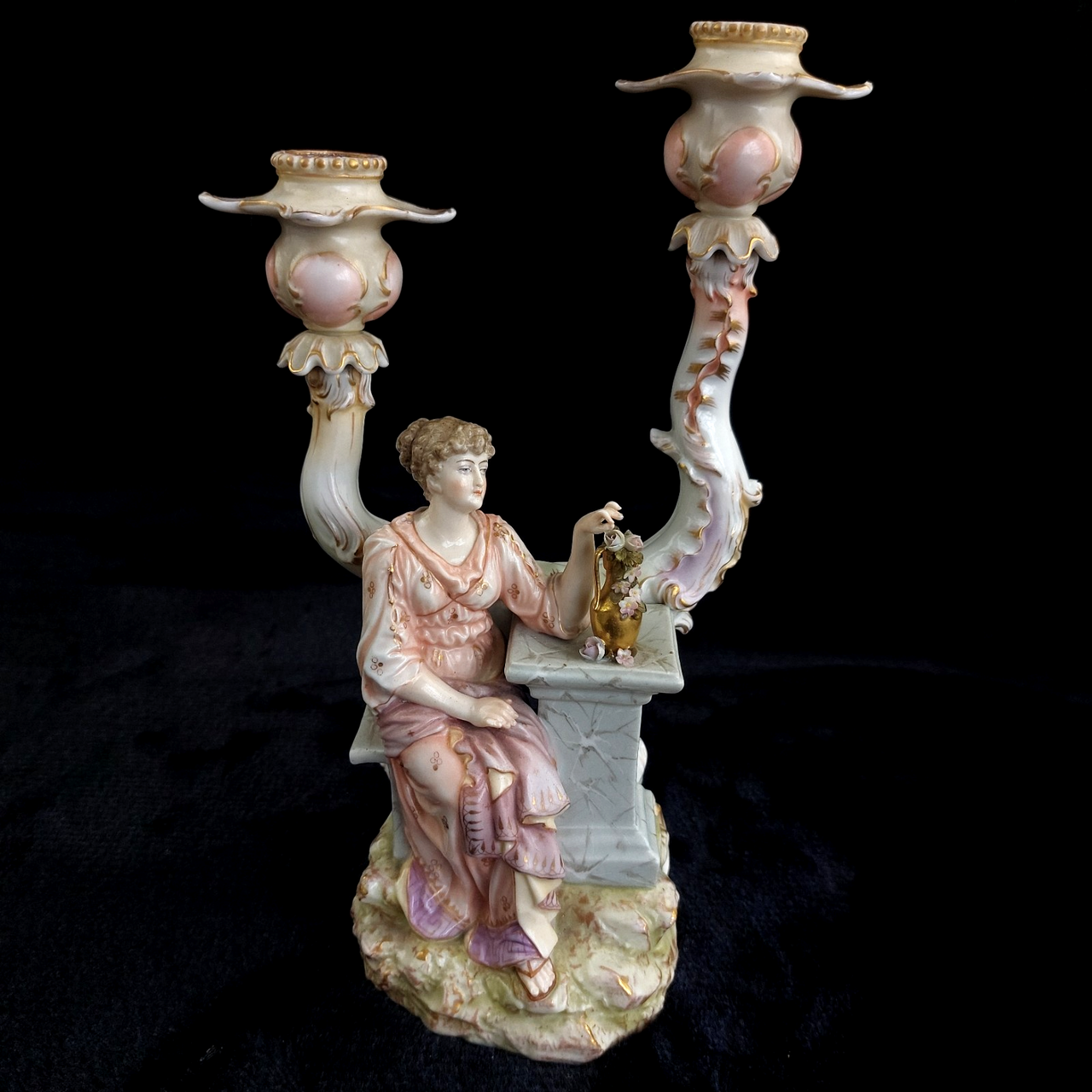Porcelain Sitzendorf Candelabra Lady Figurine candle Gold Gilt Antique German0
