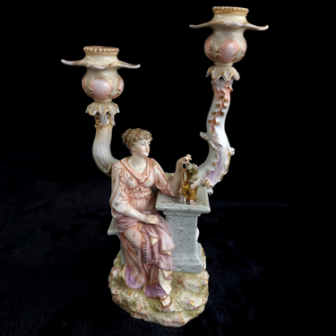 Porcelain Sitzendorf Candelabra Lady Figurine candle Gold Gilt Antique German0
