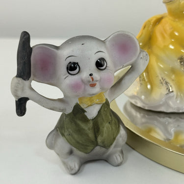 Vintage Korea Figurines Girl with Cat & Mice Set Hand Painted Ceramic 1950s1