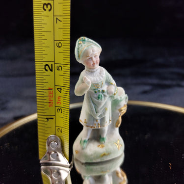 Antique German Porcelain Figurine Child w/ Boot Vase Green Gold Accents 2.5”1
