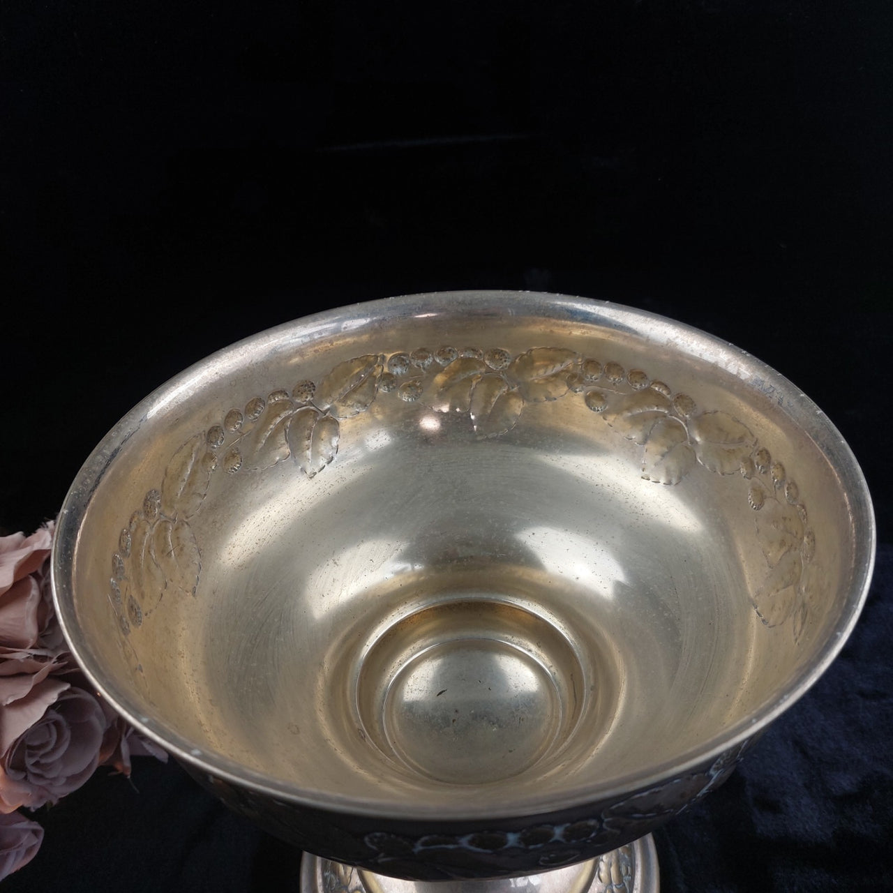 Vintage Brass Pedestal vase Bowl gold Floral Embossed 10" 10" Good Condition10