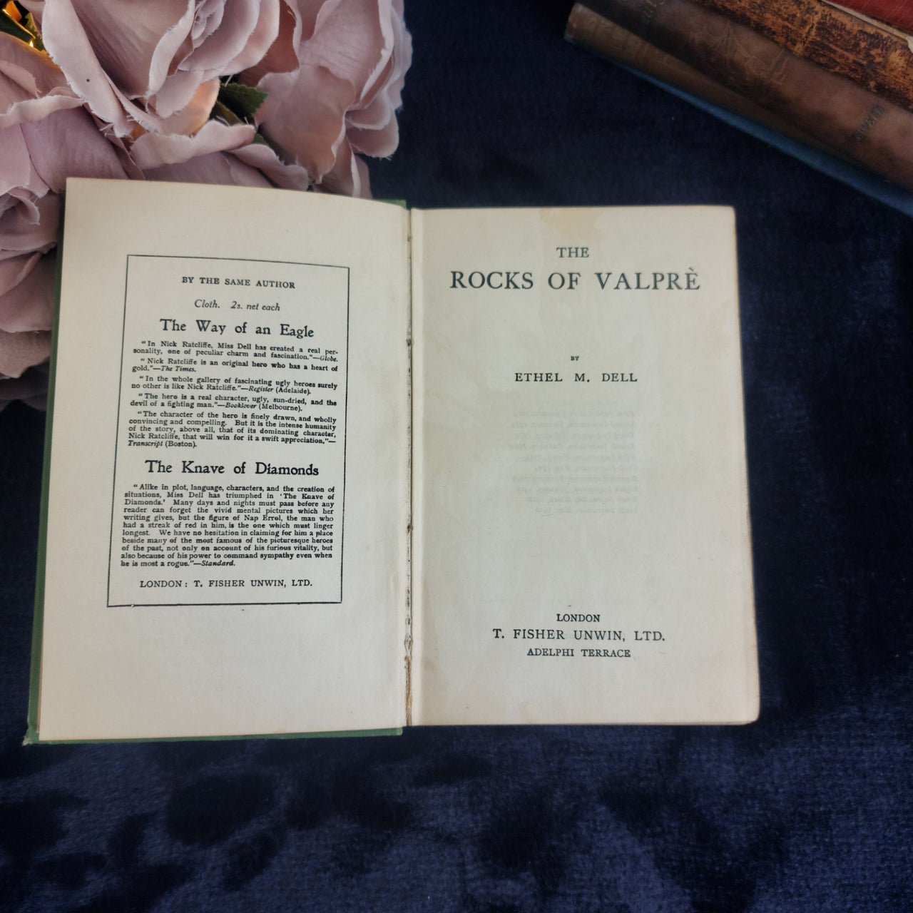 T. Fisher Unwin Rocks of Valpre Ethel M. Dell Edition 1916 -Green Worn Cloth5