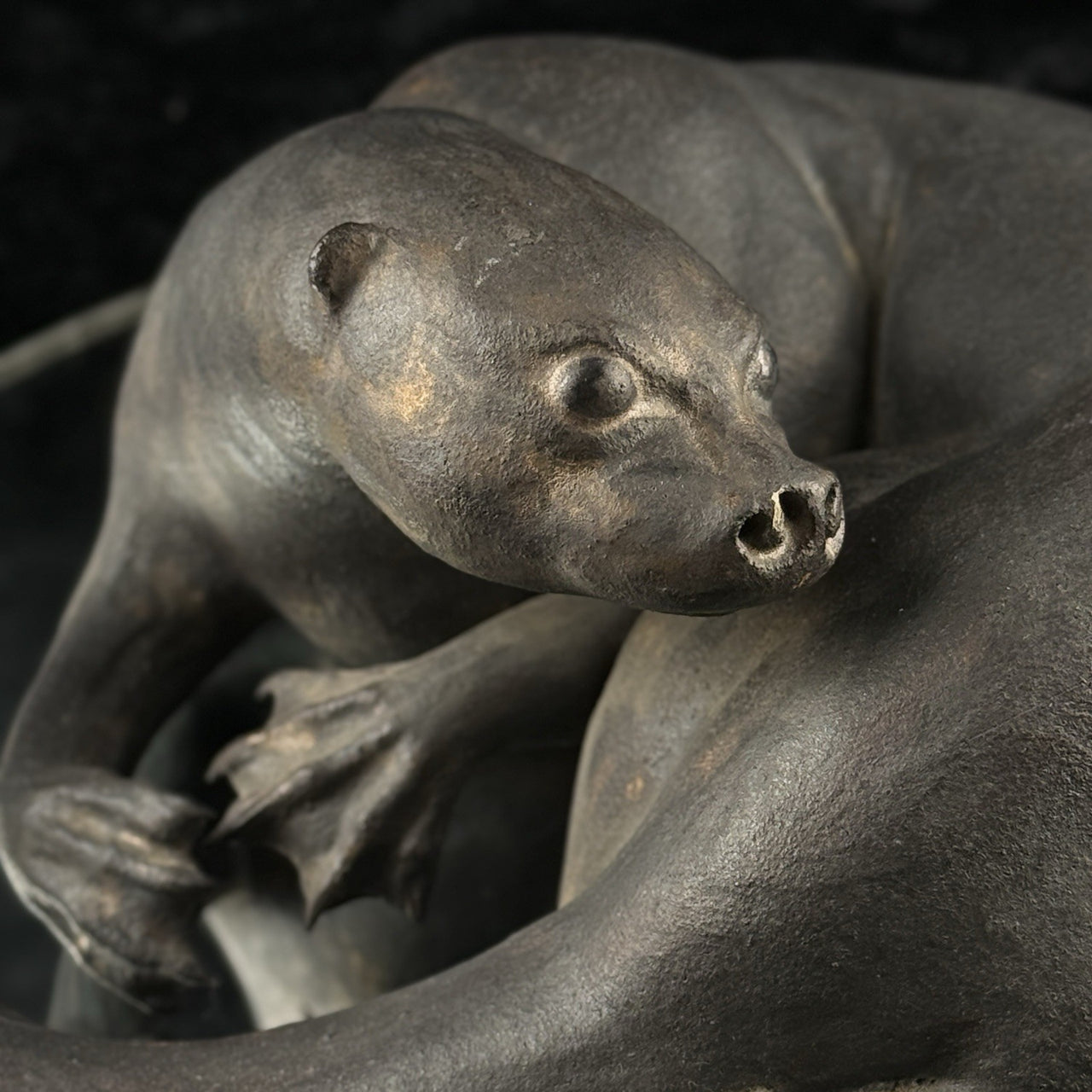 Signed Otter Sculpture Set Bronze Effect Ceramic 1992 Wildlife Figurines Decor5