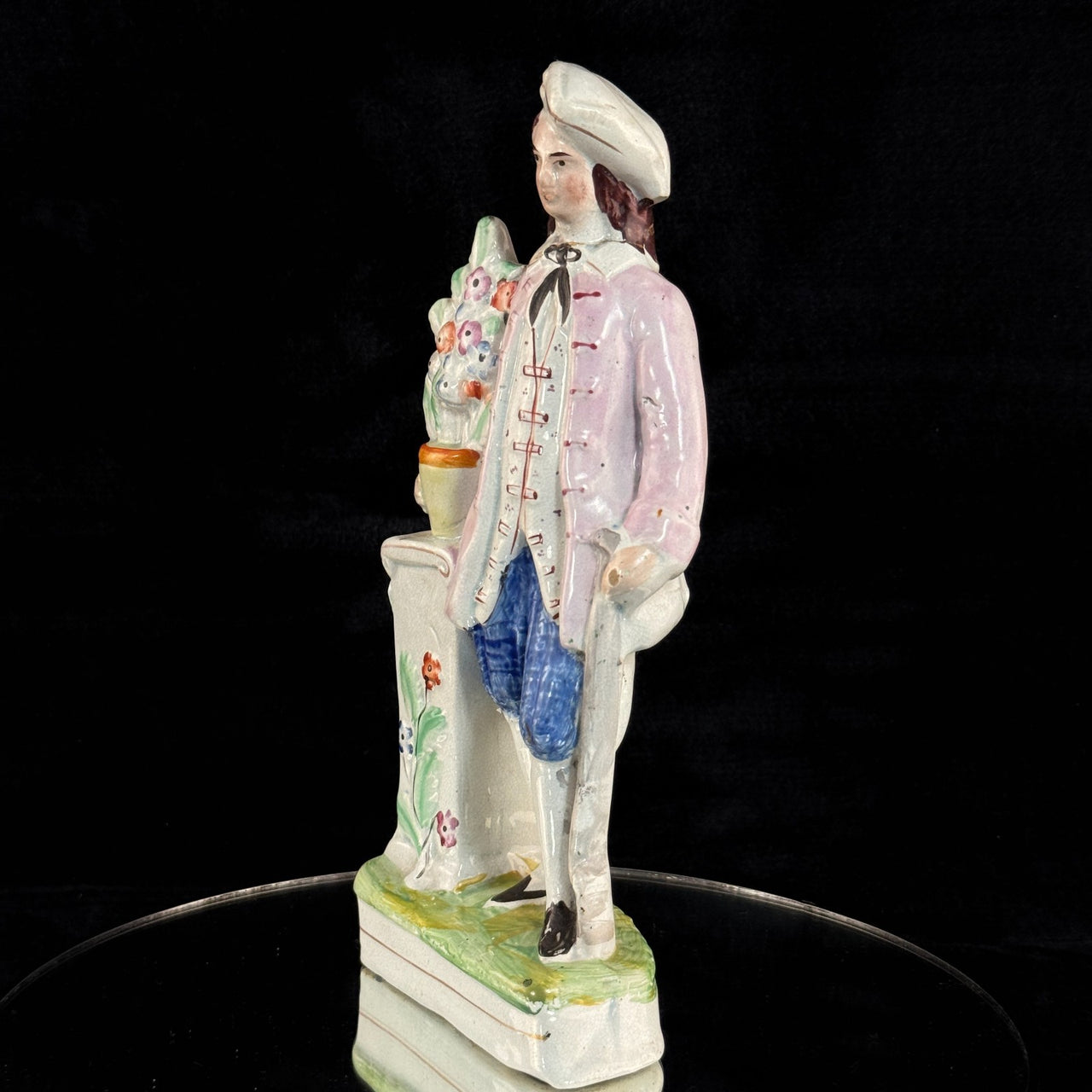 1800s antique Staffordshire Figurine Man Pink Jacket Floral Column repaired10