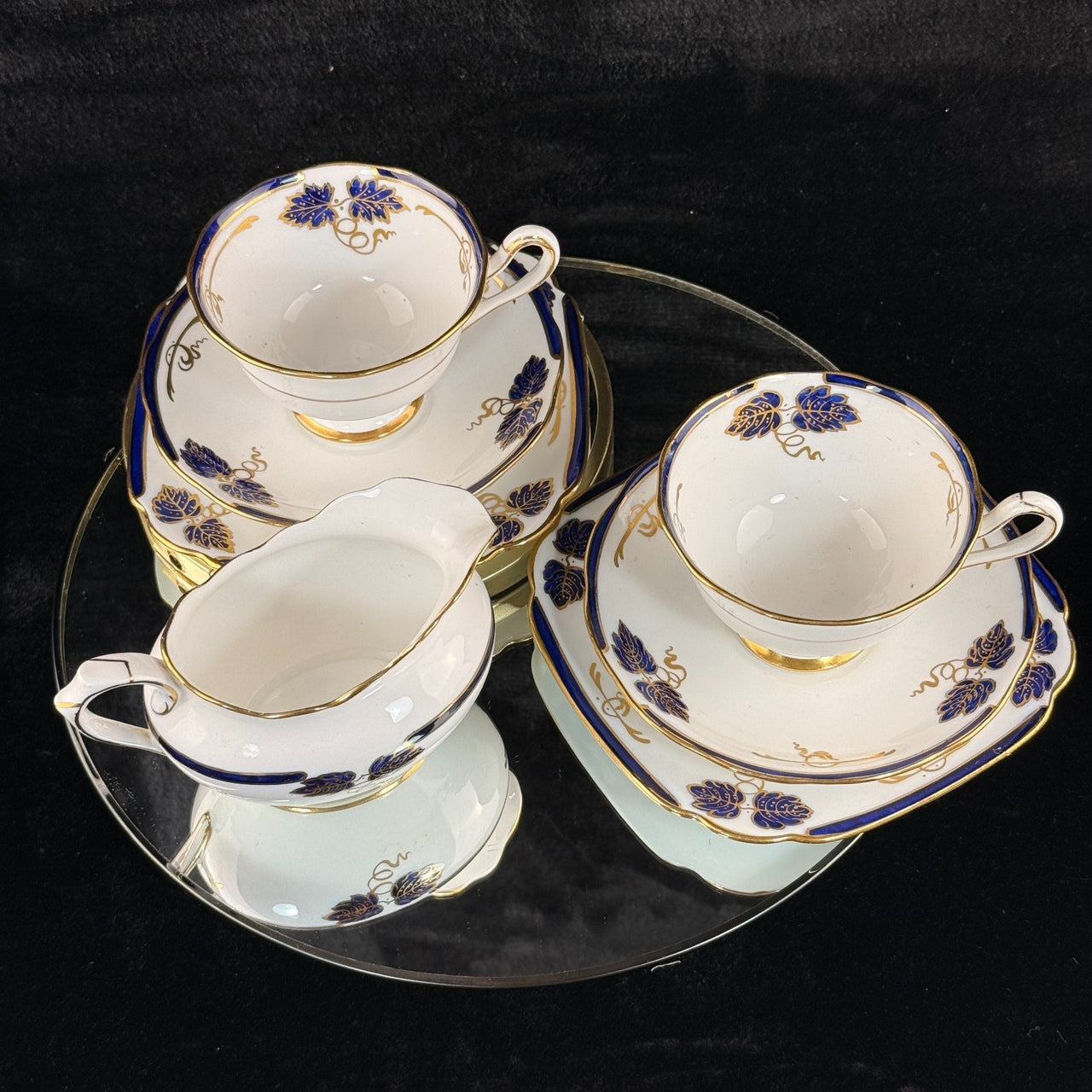 Rare Royal Albert Crown China Blue Gold Leaf Tea Set Trio x2 & Jug England 1930s3