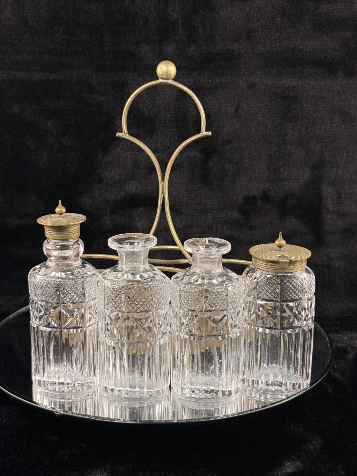 Antique Brass & Cut Glass Cruet Set Four Bottle Table Castor Stand Marked EPNS.9