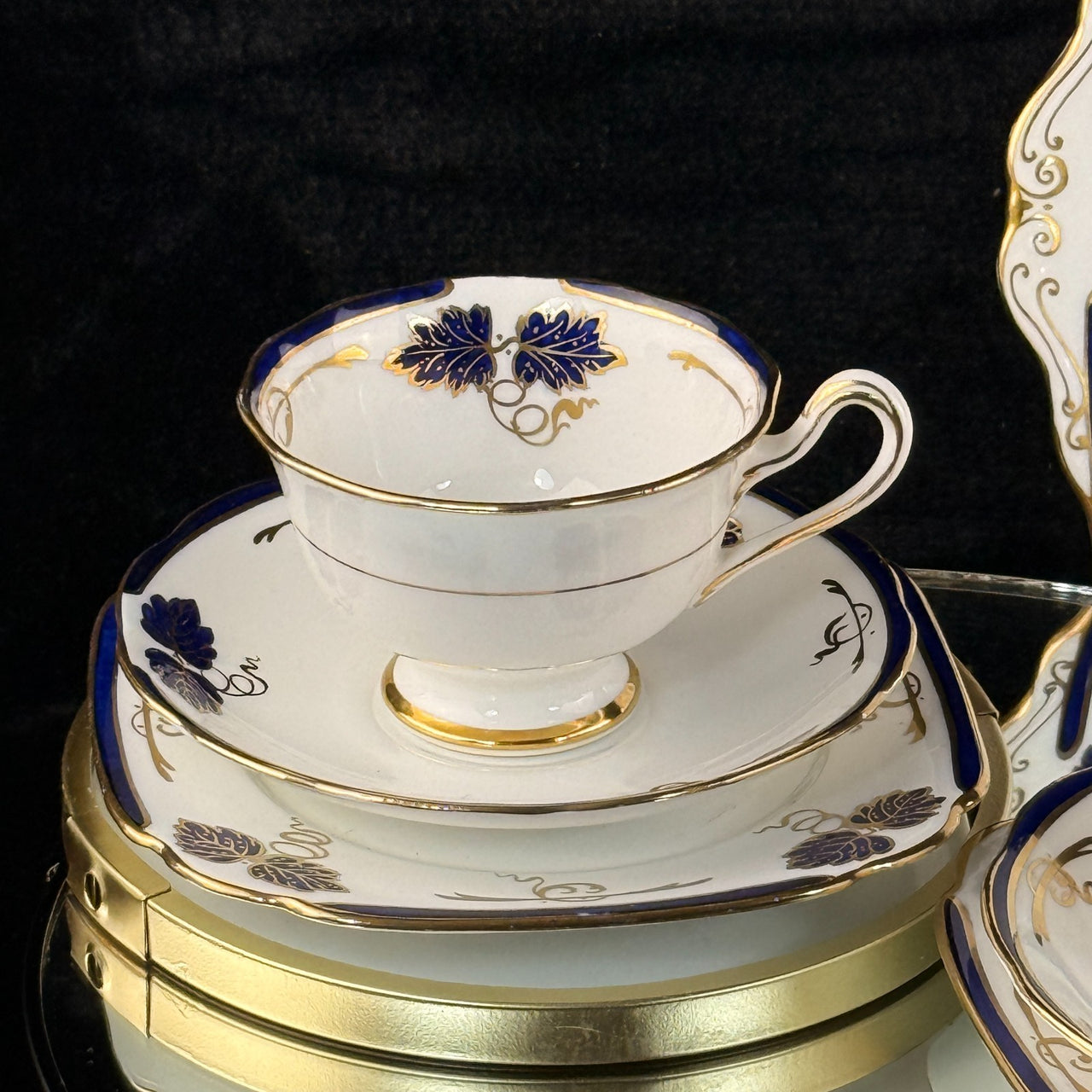 Rare Royal Albert Crown 1930s Cobalt Blue 2 Trios & Cake Plate Set England. 5