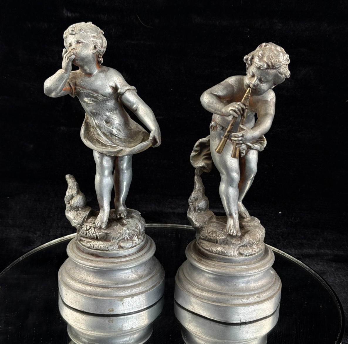 Antique French Cherub / Putti Metal Figurines "Silence" & "Music" by C. Kalf?0