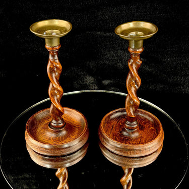 Antique Barley Twist Wood Candlesticks 8” Pair candle Holders English Brass.1
