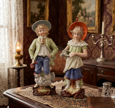 Antique Porcelain Boy Girl Figurines Chicken Poultry Farmyard Pair 10.5