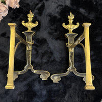 Thumbnail for Antique Brass Fireplace Firedogs Andirons Pair - Georgian Neoclassical Style17