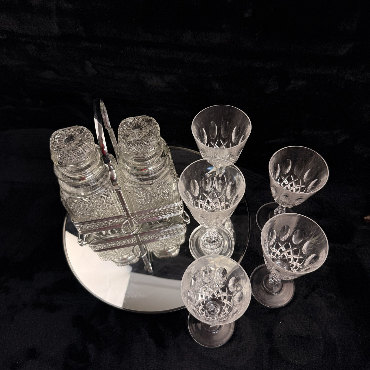 Vintage Cut Crystal Glassware & Spice Jar Set Elegant Tableware 5 Glasses & Jar19