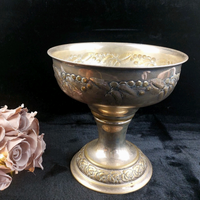 Thumbnail for Vintage Brass Pedestal vase Bowl gold Floral Embossed 10
