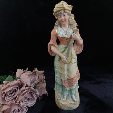 Antique 15in German Bisque Figurine Lady Mandolin Musician Hand Painted Gilt0