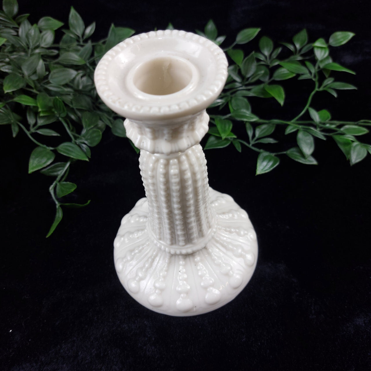 Rare Milk Glass porcelain Candlestick Holder, Black Dot Chipped Rim & Base 6.5"8