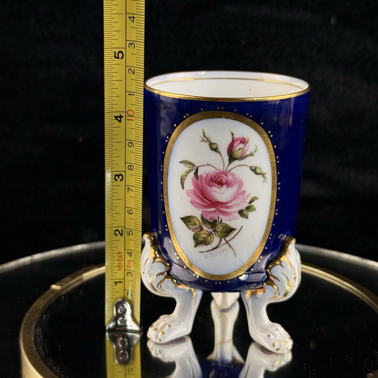 Royal Worcester Tripod Vase Blue Cobalt Pink Rose Hand Painted Gilt Antique Styl17