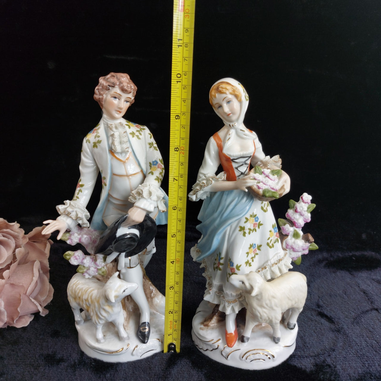 Continental Porcelain Figures Pair 11in w Flower & Lambs 20th century decor Box2