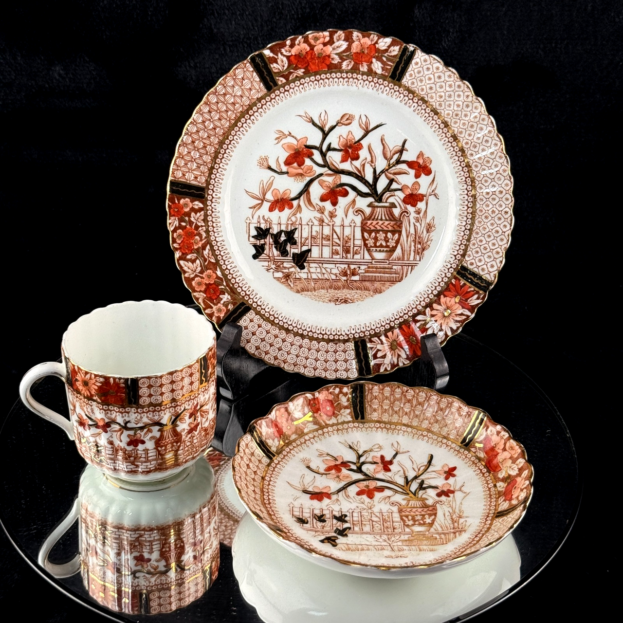 Bradford China Fenton Tea Trio Red Floral Gilt Antique Cup Saucer Plate deco Set14