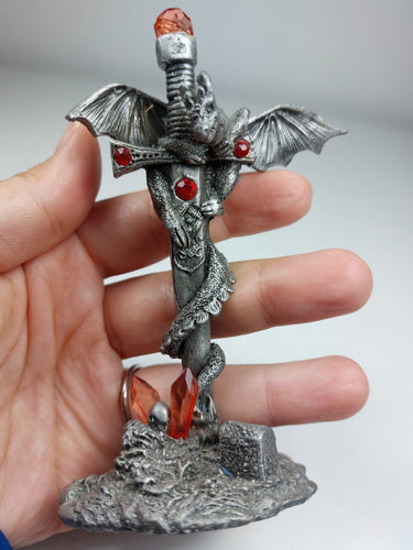 Gothic Dragon  Figurine with Gem Sword  Heavy Metallic Collectible RARE Fantasy1