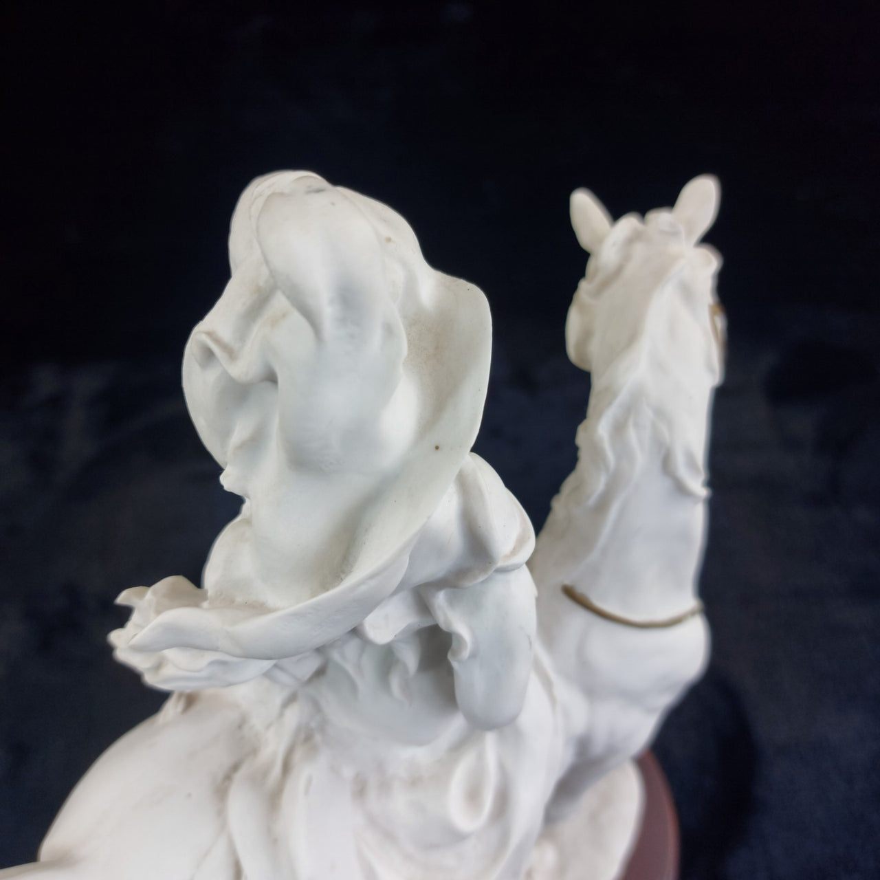 The White Lady Figurine Elegant Matte Bisque Horseback Rider on Wood Base 12"12