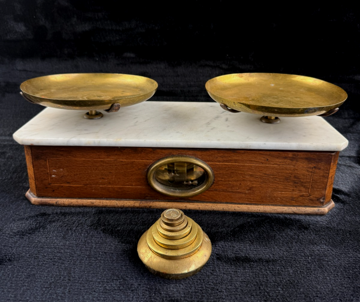 Rare Antique Victorian Apothecary Balance Scale with Marble Base & Brass Weight4