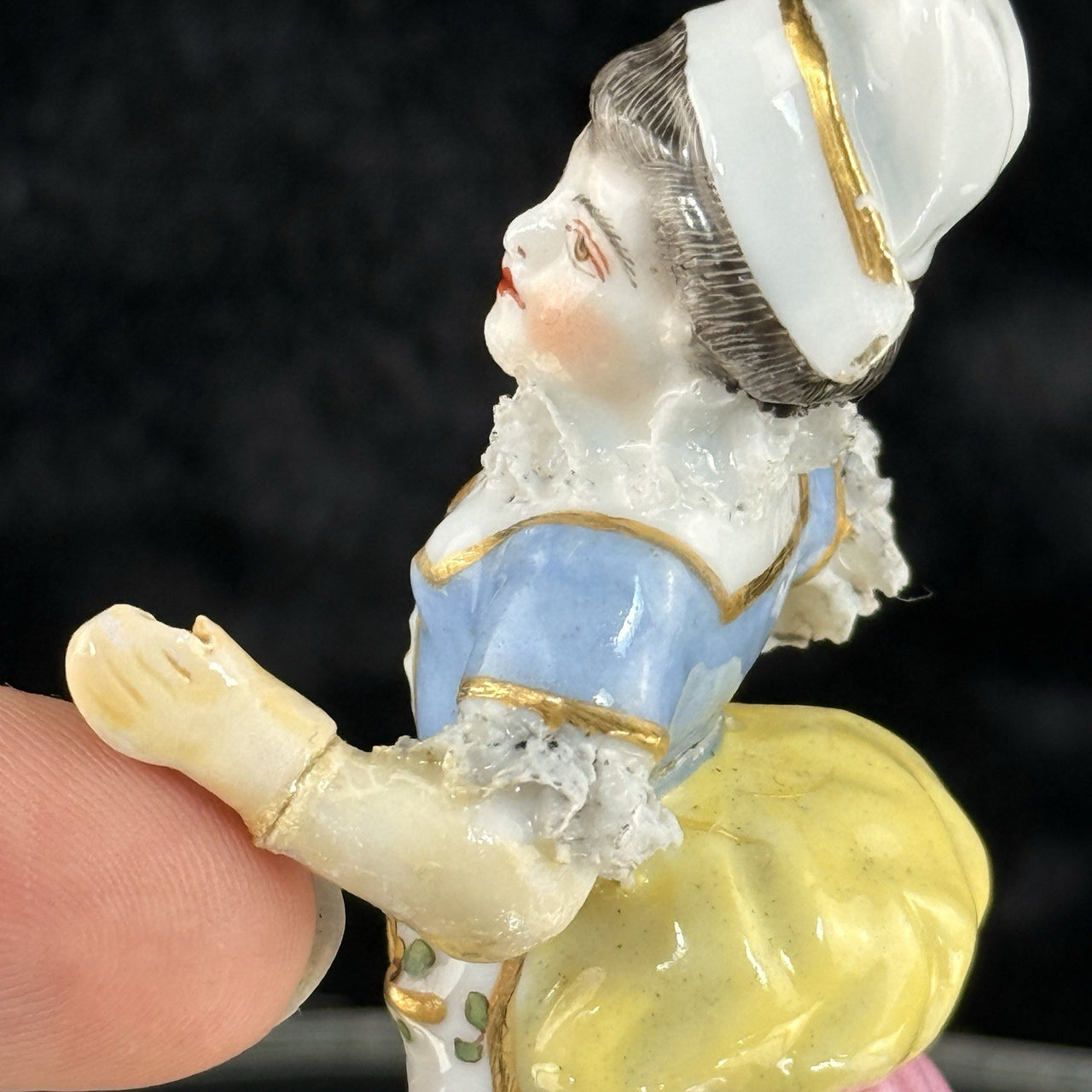 Antique German Dresden Figurine  Porcelain Woman Floral Dress Lace Trim Repaired4