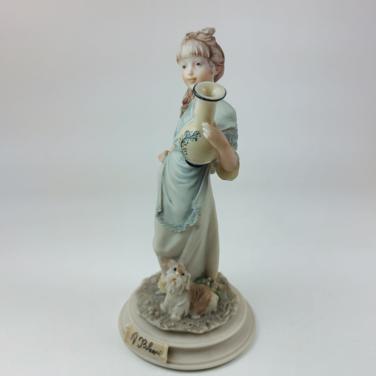 Signed A. Belcari Girl with Dog Vase Capodimonte Italian Porcelain 7" 1987 dec14