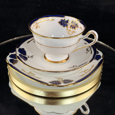 Rare Royal Albert Crown China  1930 Blue Gold Leaf Tea Set Trio x2 & Jug England1
