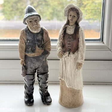 Vintage Rare Signed by JR Art Pottery fisherman and wife clay figurine set of 21