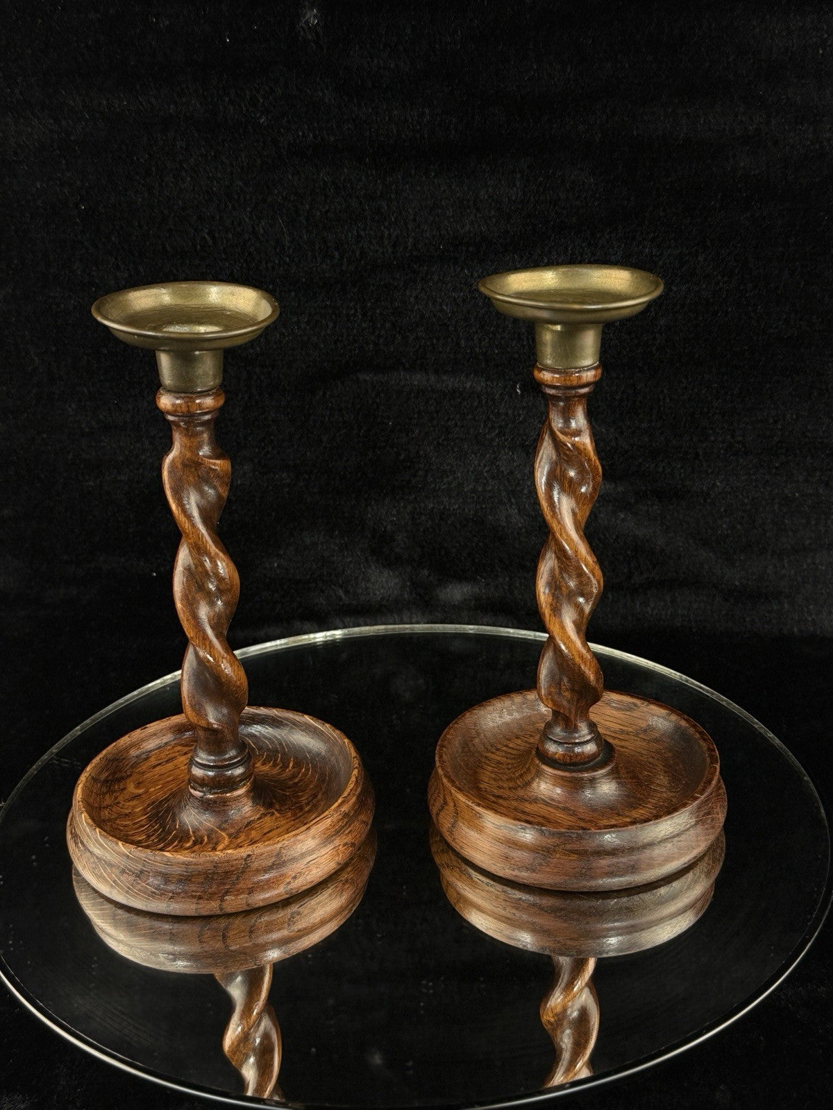 Antique Twist Barley Wood Candlesticks 8” Pair candle Holders English Brass.6