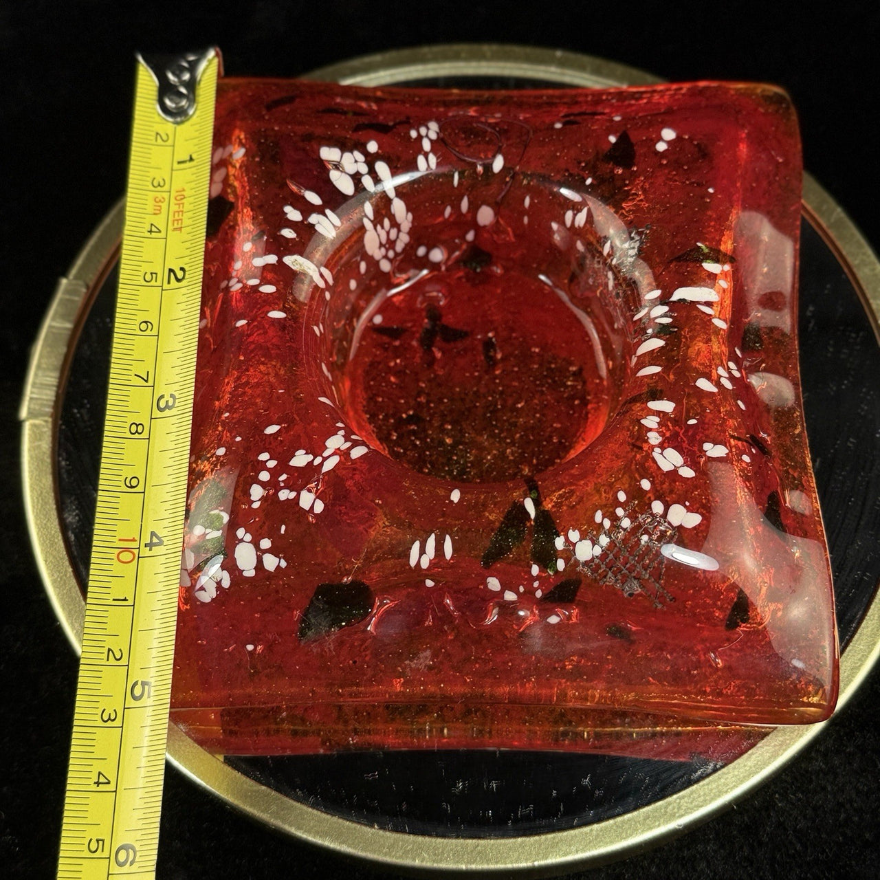 Murano Style Red Art Glass Ashtray Square MCM Speckled Aventurine Retro Dish1